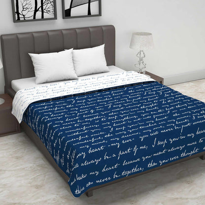 Navy Blue and White  120 GSM Microfiber Abstract Typograpgy Pattern Double Bed AC Blanket Dohar for All Season
