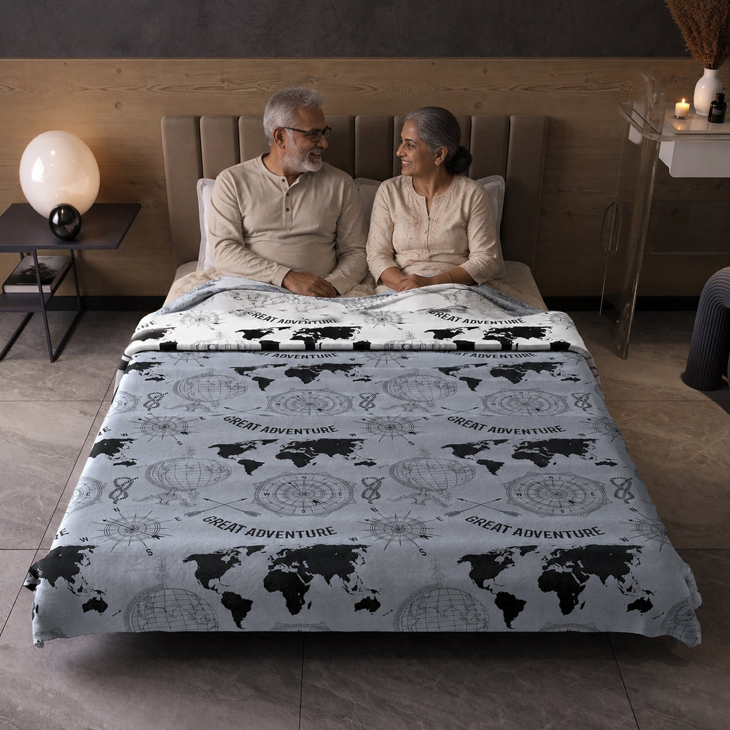 Grey Geography Print Eco Friendly Reversible All Season Dohar For Double Bed