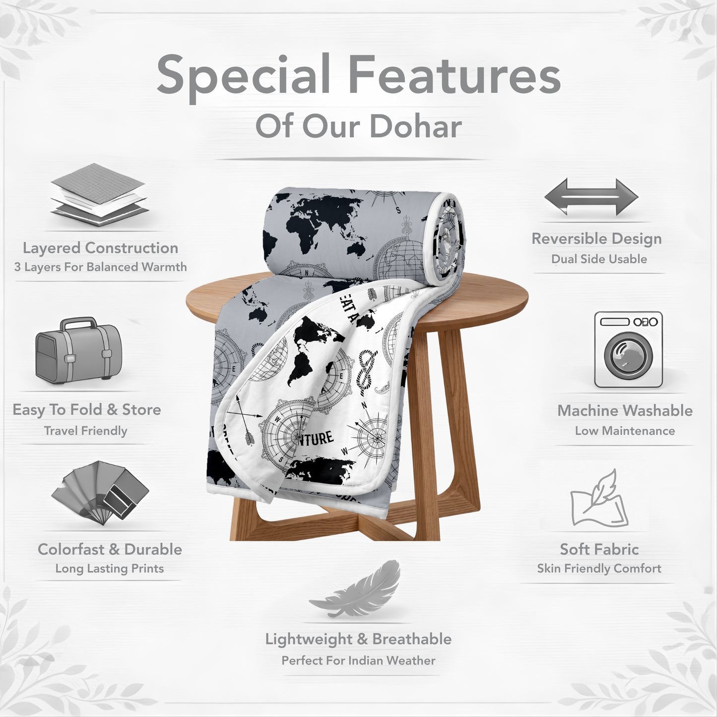 Grey Geography Print Eco Friendly Reversible All Season Dohar For Double Bed