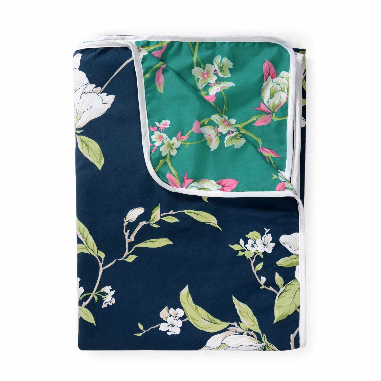 Green and Navy Blue 120 GSM Microfiber Floral Leaf Pattern Double Bed AC Blanket Dohar for All Season