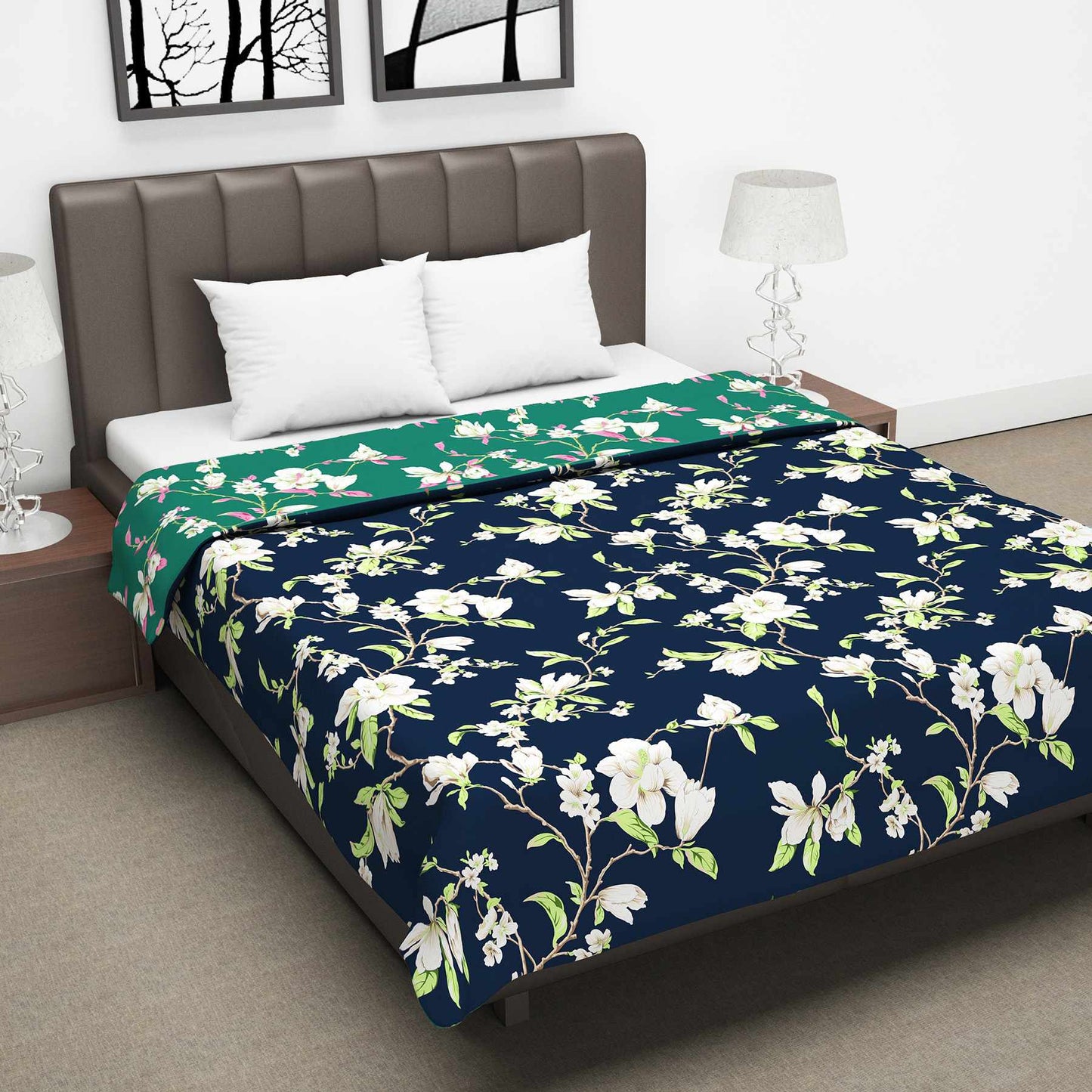 Green and Navy Blue 120 GSM Microfiber Floral Leaf Pattern Double Bed AC Blanket Dohar for All Season