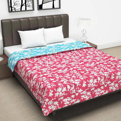 Pink and Blue 120 GSM Microfiber Floral Pattern Double Bed AC Blanket Dohar for All Season