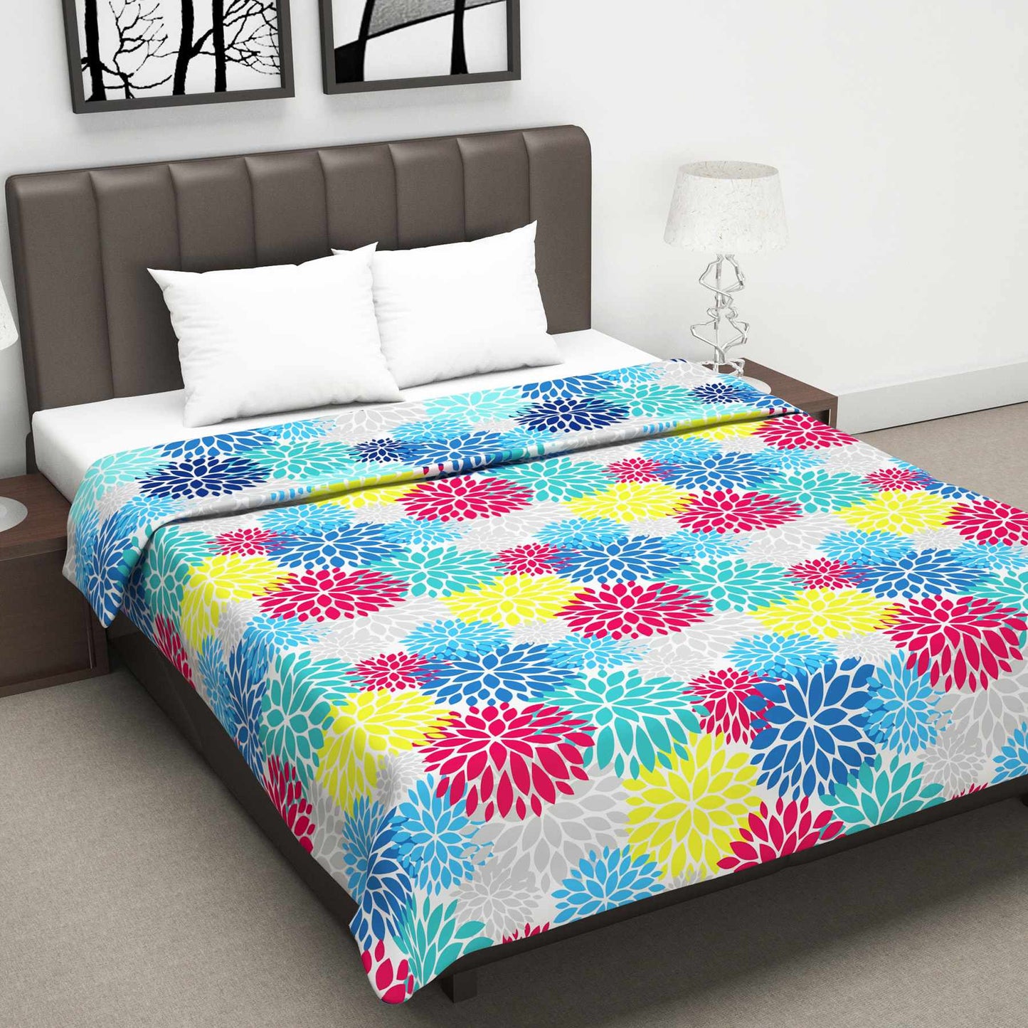 Blue and Pink 120 GSM Microfiber Floral Pattern Double Bed AC Blanket Dohar for All Season