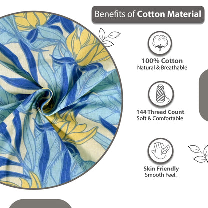 Sky Blue & Yellow Breeze Bloom 144 TC Cotton Double Bedsheet With 2 Pillowcovers