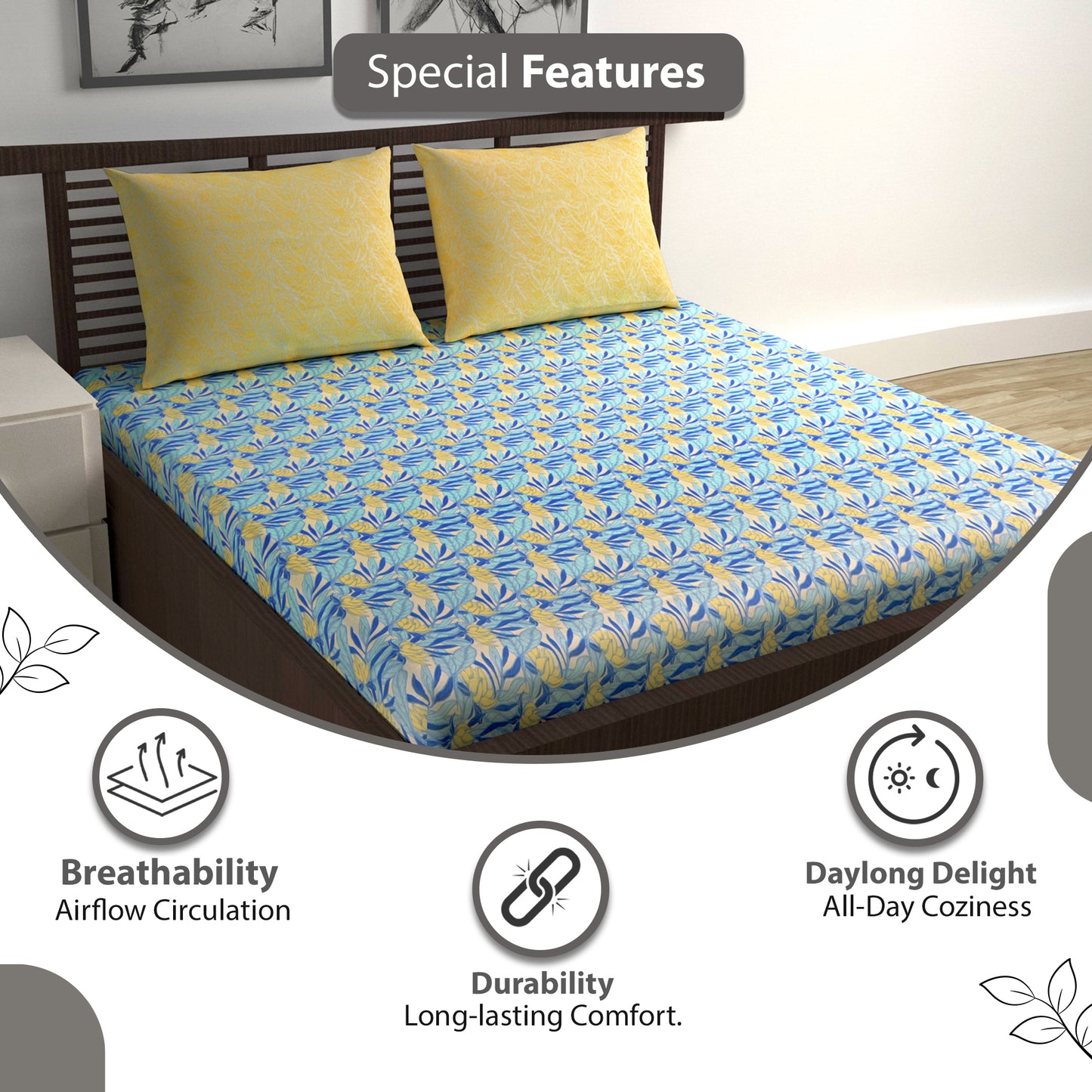 Sky Blue & Yellow Breeze Bloom 144 TC Cotton Double Bedsheet With 2 Pillowcovers