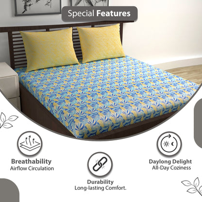 Sky Blue & Yellow Breeze Bloom 144 TC Cotton Double Bedsheet With 2 Pillowcovers