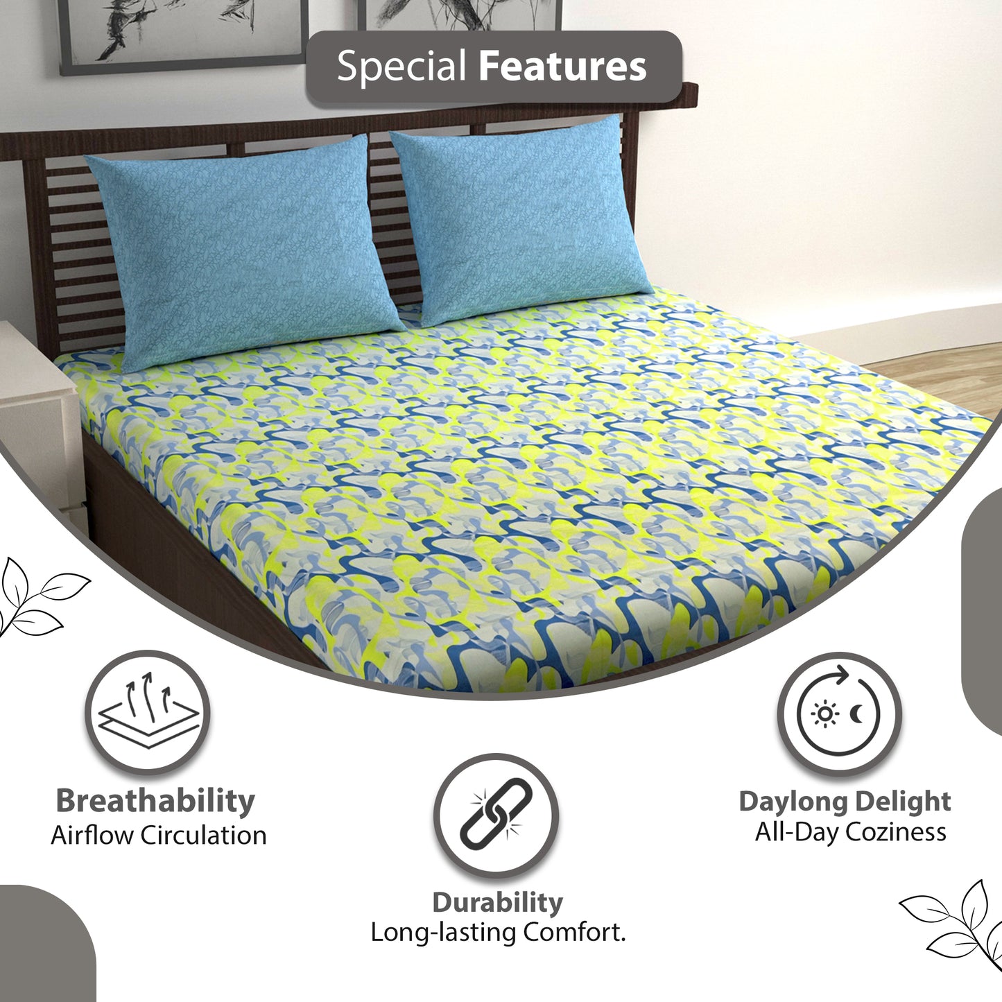 Navy & Yellow Azure Bloom 144 TC Cotton Double Bedsheet With 2 Pillowcovers