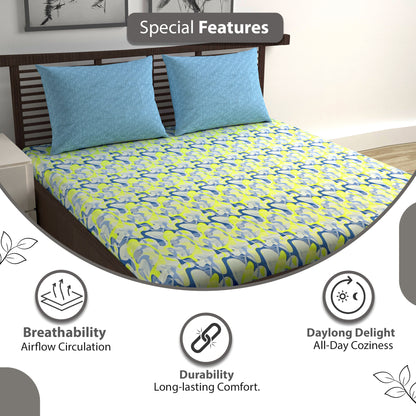 Navy & Yellow Azure Bloom 144 TC Cotton Double Bedsheet With 2 Pillowcovers