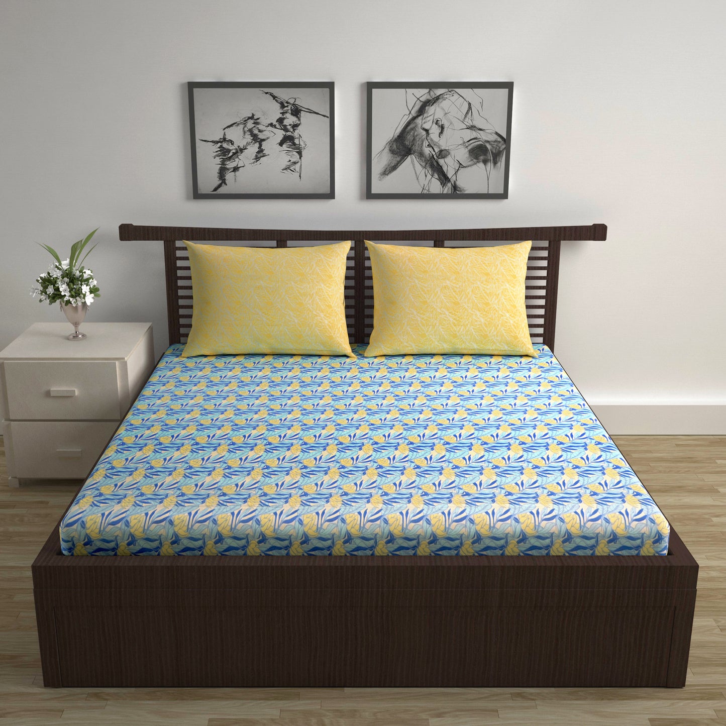 Sky Blue & Yellow Breeze Bloom 144 TC Cotton Double Bedsheet With 2 Pillowcovers
