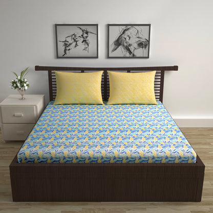 Sky Blue & Yellow Breeze Bloom 144 TC Cotton Double Bedsheet With 2 Pillowcovers