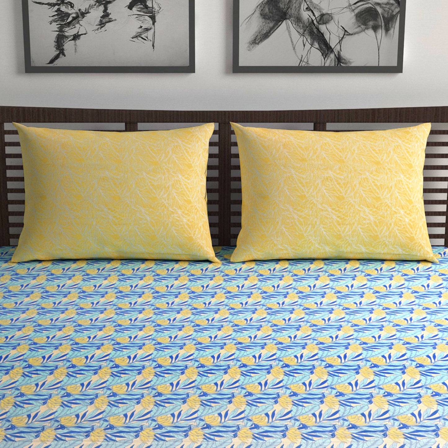 Sky Blue & Yellow Breeze Bloom 144 TC Cotton Double Bedsheet With 2 Pillowcovers