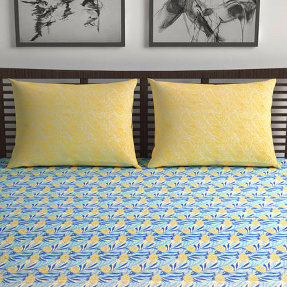 Sky Blue & Yellow Breeze Bloom 144 TC Cotton Double Bedsheet With 2 Pillowcovers