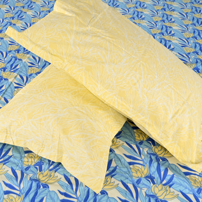 Sky Blue & Yellow Breeze Bloom 144 TC Cotton Double Bedsheet With 2 Pillowcovers