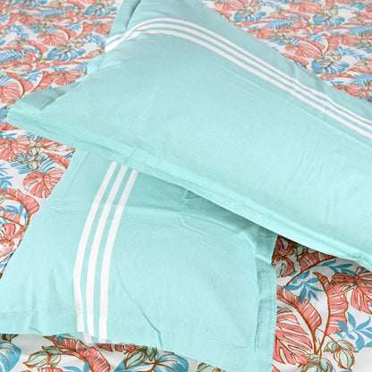 Peach & Teal Coral Breeze 144 TC Cotton Double Bedsheet With 2 Pillowcovers