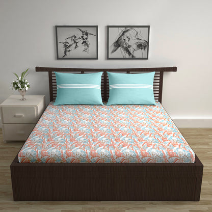 Peach & Teal Coral Breeze 144 TC Cotton Double Bedsheet With 2 Pillowcovers