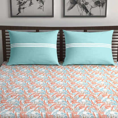 Peach & Teal Coral Breeze 144 TC Cotton Double Bedsheet With 2 Pillowcovers