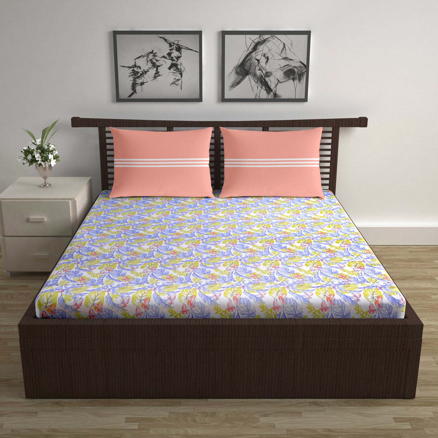 144 TC Lilac & Mustard Floral Cotton Double Bedsheet With 2 Pillowcovers