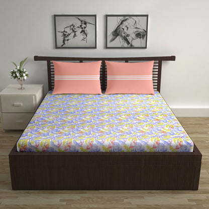 144 TC Lilac & Mustard Floral Cotton Double Bedsheet With 2 Pillowcovers
