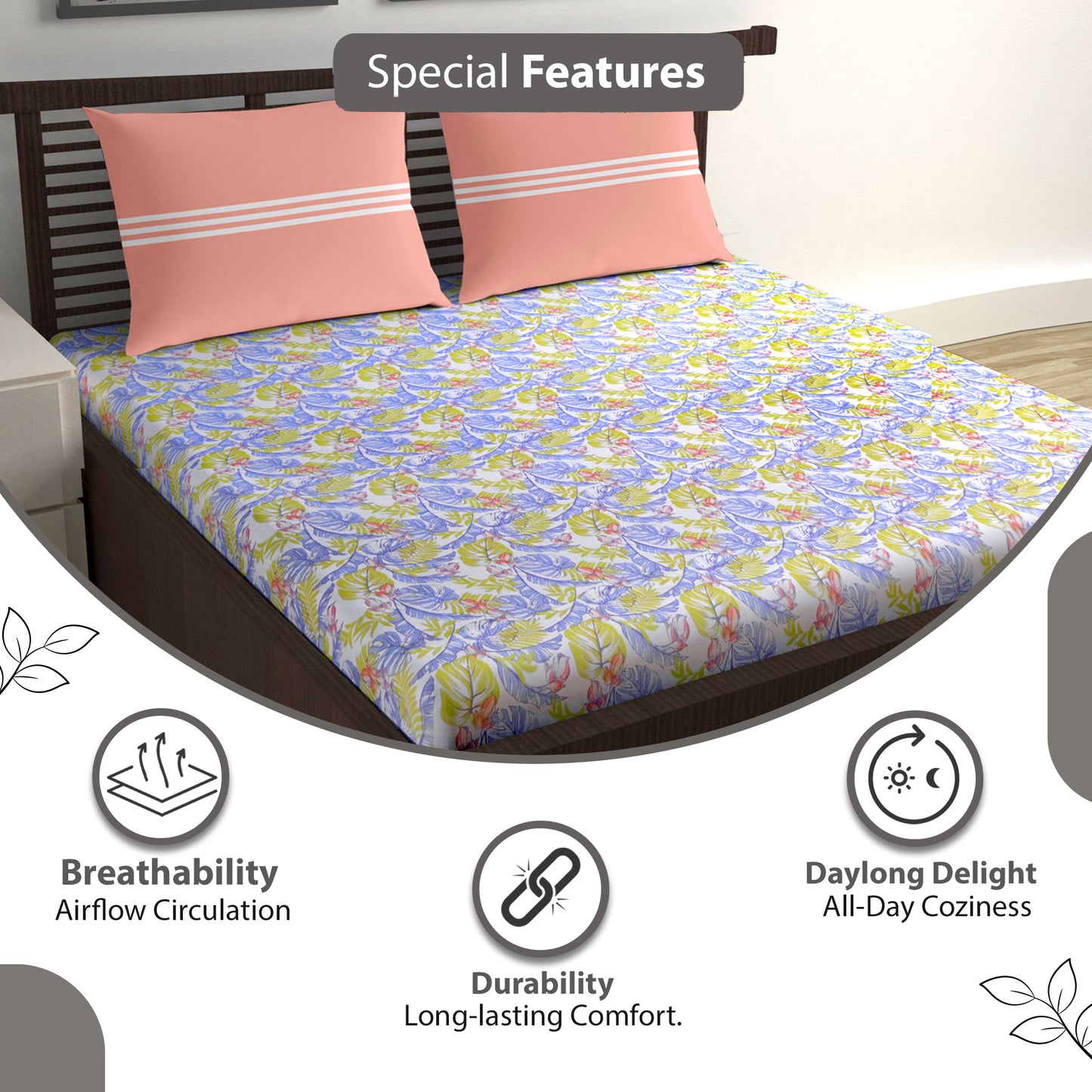 144 TC Lilac & Mustard Floral Cotton Double Bedsheet With 2 Pillowcovers