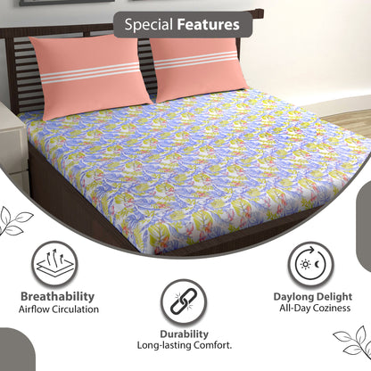 144 TC Lilac & Mustard Floral Cotton Double Bedsheet With 2 Pillowcovers