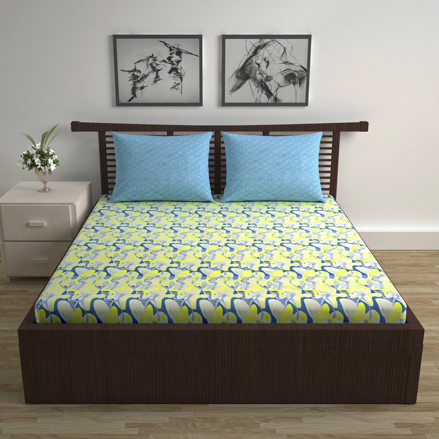 Navy & Yellow Azure Bloom 144 TC Cotton Double Bedsheet With 2 Pillowcovers