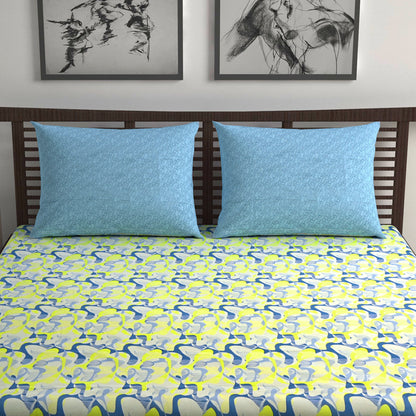 Navy & Yellow Azure Bloom 144 TC Cotton Double Bedsheet With 2 Pillowcovers