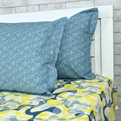 Navy & Yellow Azure Bloom 144 TC Cotton Double Bedsheet With 2 Pillowcovers