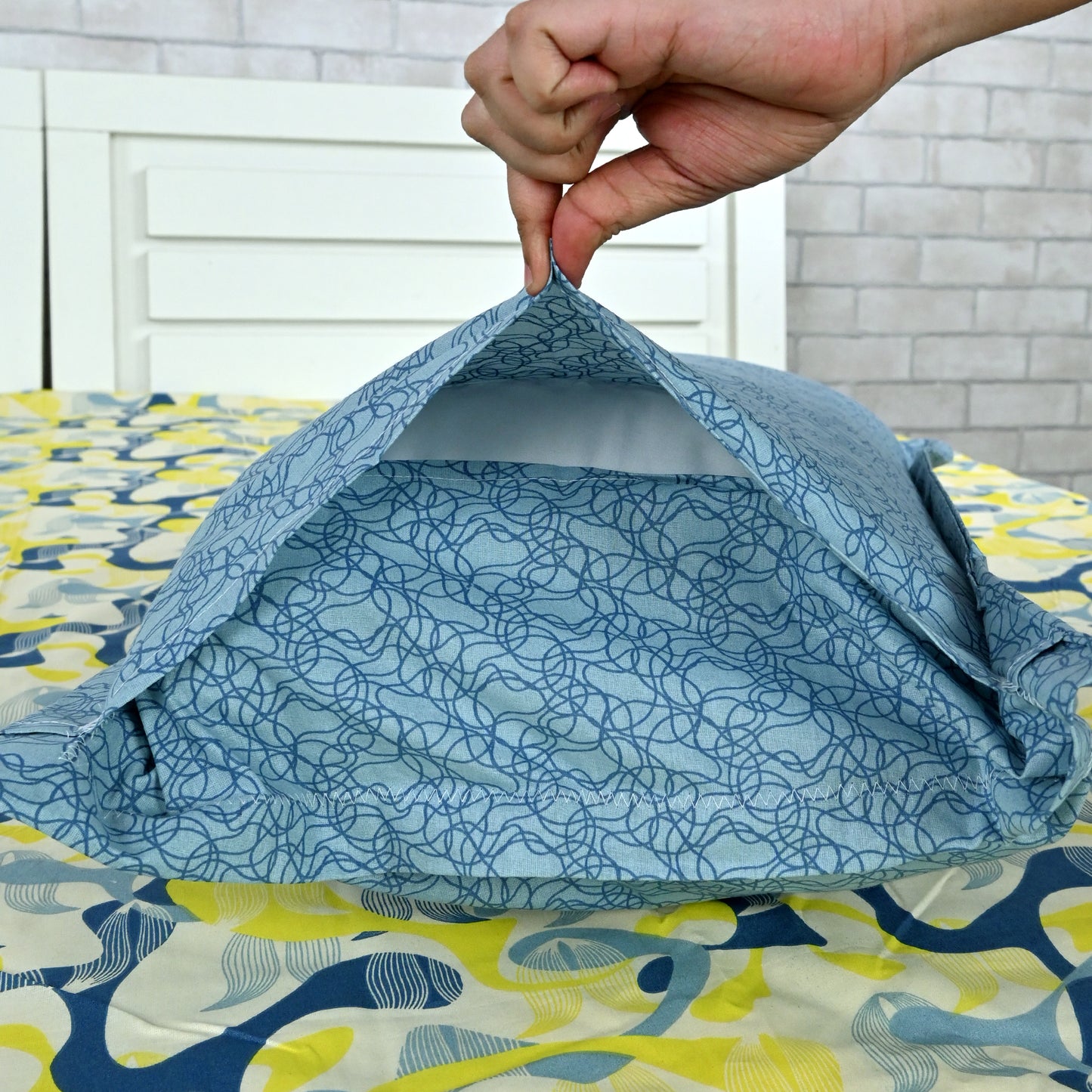 Navy & Yellow Azure Bloom 144 TC Cotton Double Bedsheet With 2 Pillowcovers