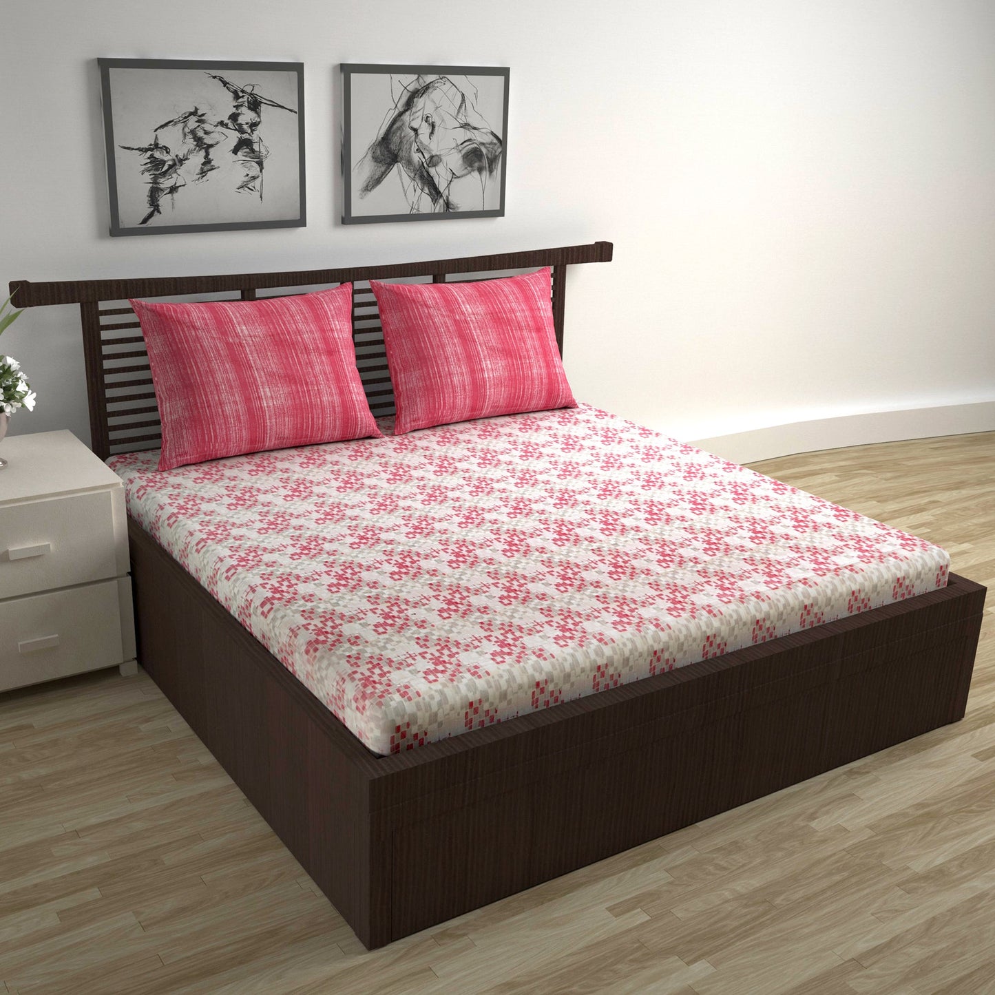 Red & Grey Mosaic Bloom 144 TC Cotton Double Bedsheet With 2 Pillowcovers