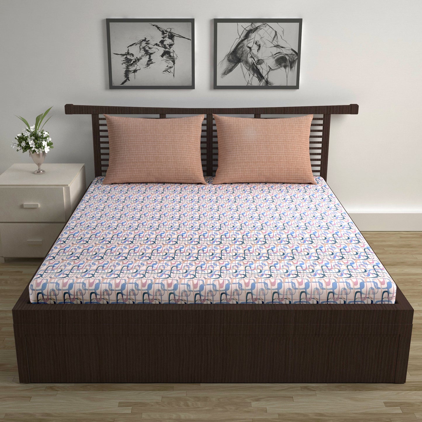 Spectra Blue Abstract Weave 144 TC Cotton Double Bedsheet With 2 Pillowcovers
