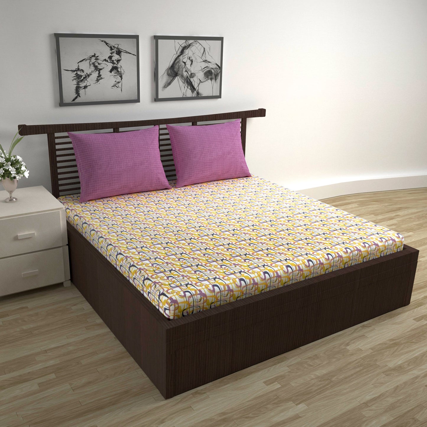 Spectra Yellow Abstract Weave 144 TC Cotton Double Bedsheet With 2 Pillowcovers