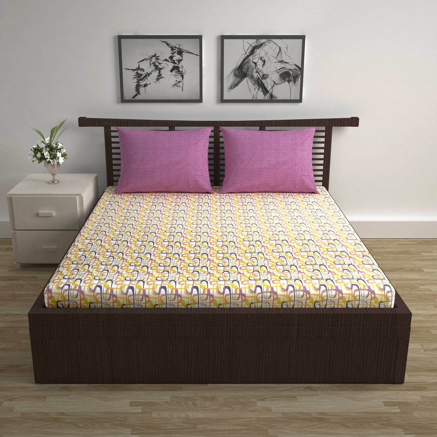 Spectra Yellow Abstract Weave 144 TC Cotton Double Bedsheet With 2 Pillowcovers