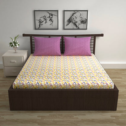 Spectra Yellow Abstract Weave 144 TC Cotton Double Bedsheet With 2 Pillowcovers