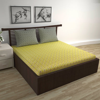 Yellow Ikat Diamond 144 TC Cotton Double Bedsheet With 2 Pillowcovers