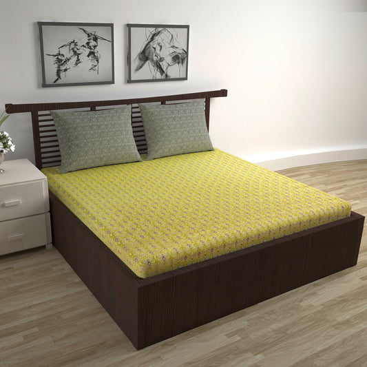 Yellow Ikat Diamond 144 TC Cotton Double Bedsheet With 2 Pillowcovers