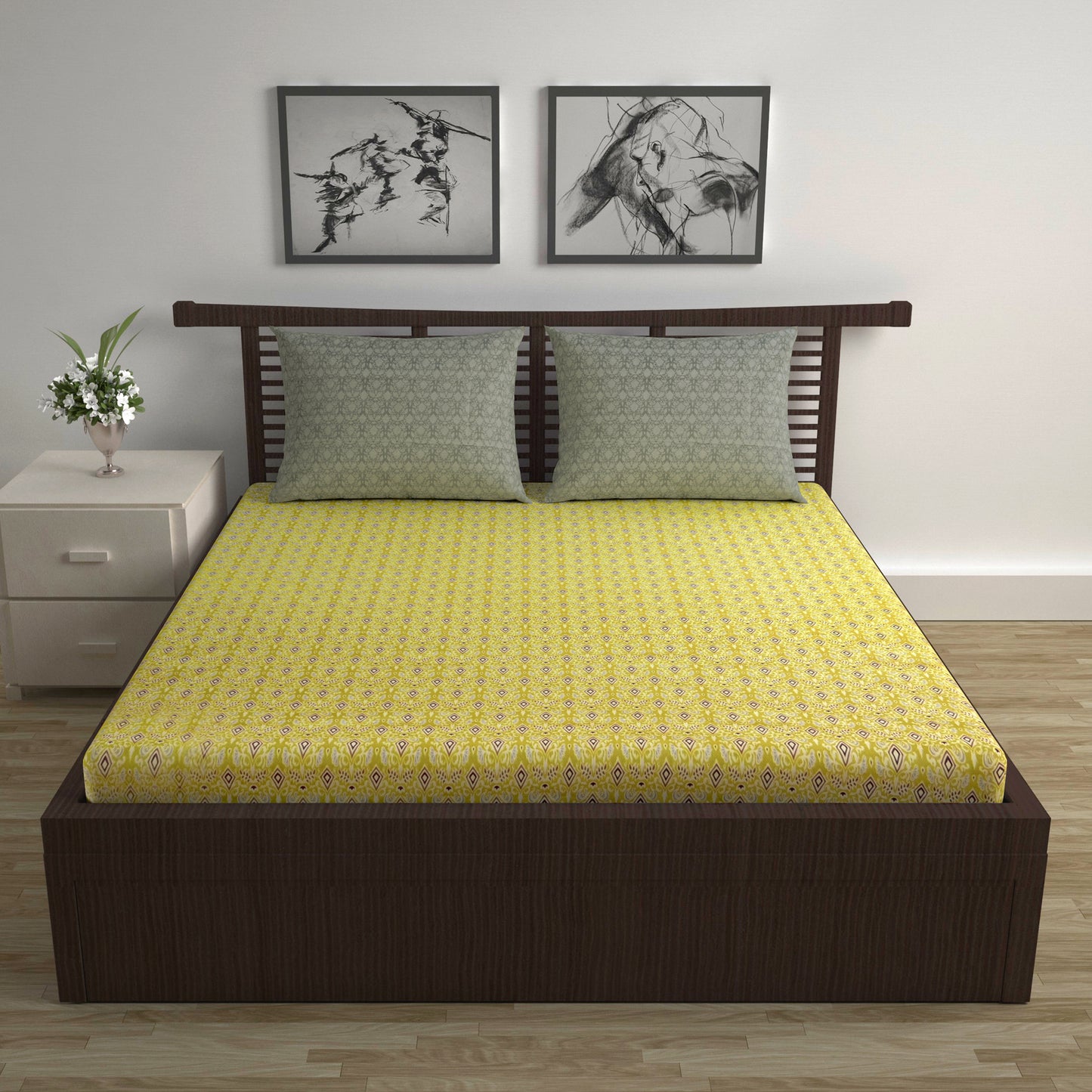 Yellow Ikat Diamond 144 TC Cotton Double Bedsheet With 2 Pillowcovers