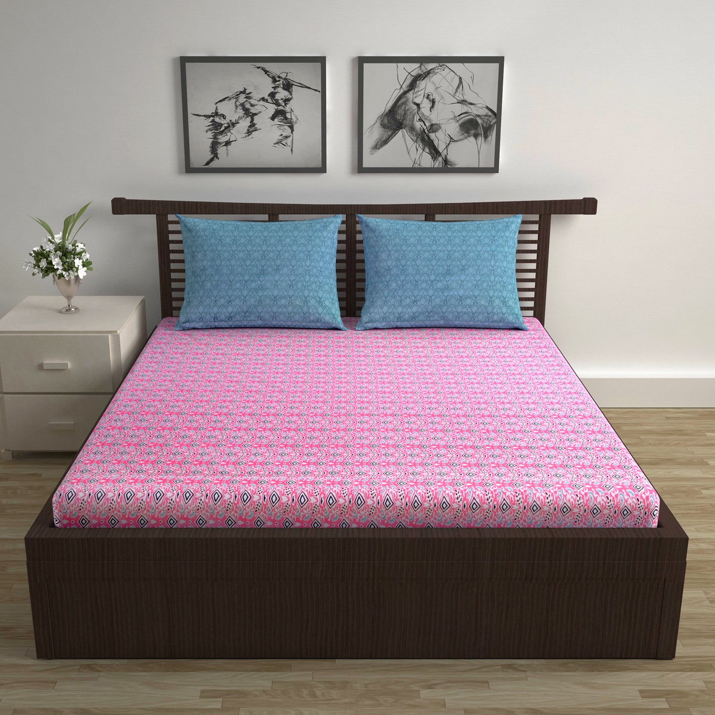 Soft Rose Petal Maze 144 TC Cotton Double Bedsheet With 2 Pillowcovers