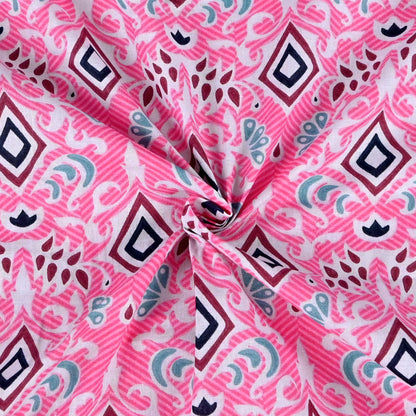 144 TC Pink Fuchsia Geometric Cotton Single Bedsheet With 1 Pillowcover