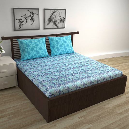 Navy & Aqua Nordic Hexa 144 TC Cotton Double Bedsheet With 2 Pillowcovers