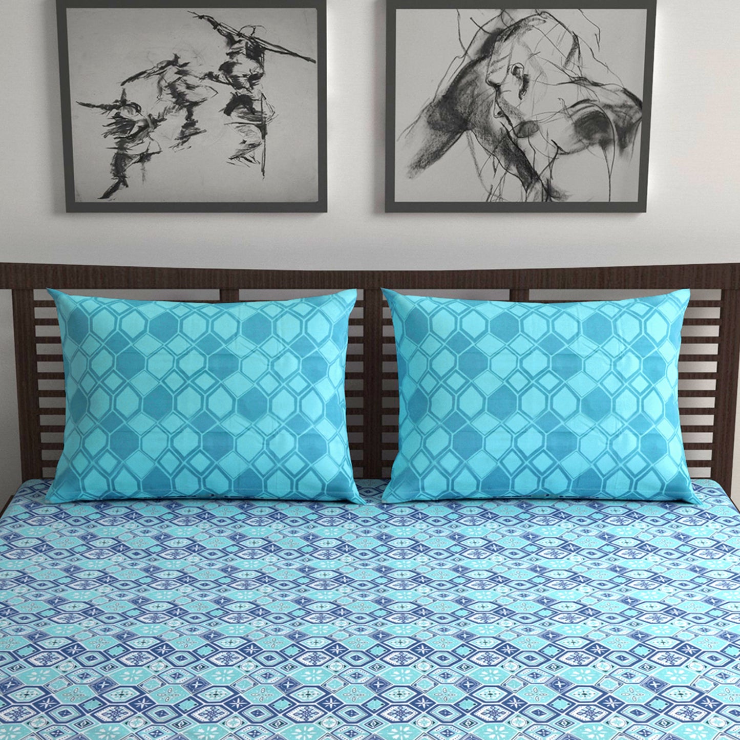 Navy & Aqua Nordic Hexa 144 TC Cotton Double Bedsheet With 2 Pillowcovers