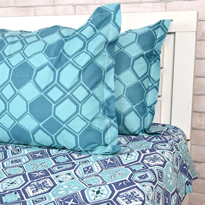 Navy & Aqua Nordic Hexa 144 TC Cotton Double Bedsheet With 2 Pillowcovers