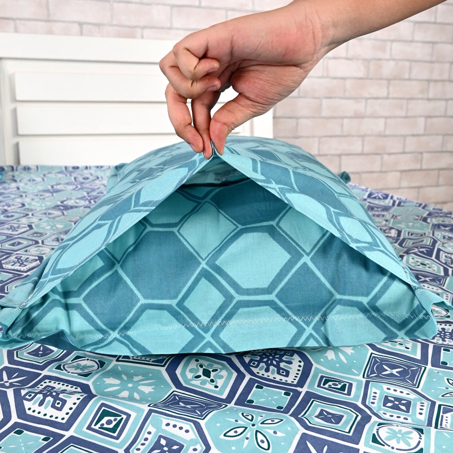 Navy & Aqua Nordic Hexa 144 TC Cotton Double Bedsheet With 2 Pillowcovers