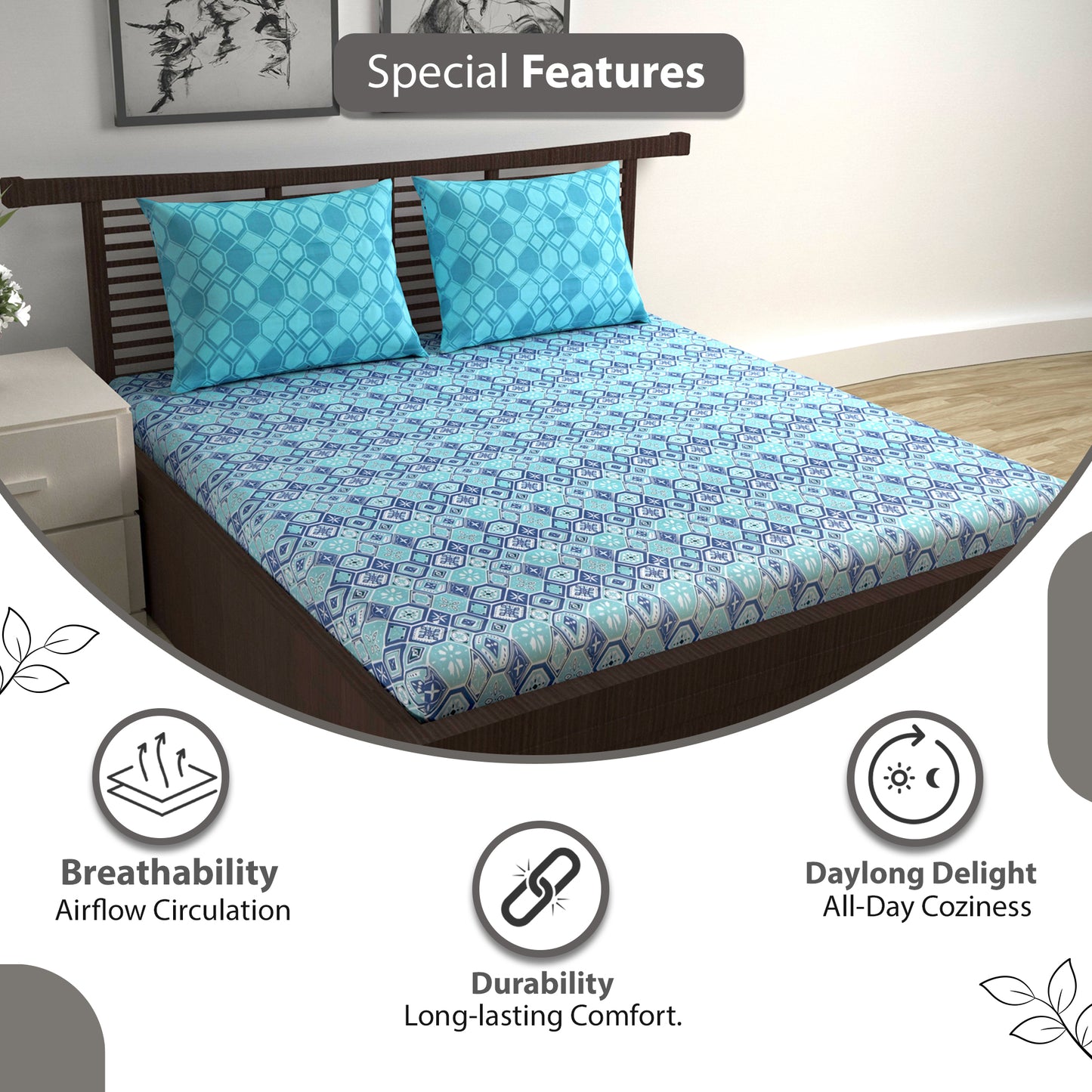 Navy & Aqua Nordic Hexa 144 TC Cotton Double Bedsheet With 2 Pillowcovers