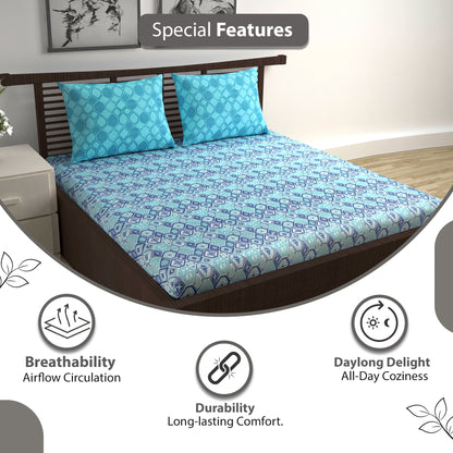 Navy & Aqua Nordic Hexa 144 TC Cotton Double Bedsheet With 2 Pillowcovers