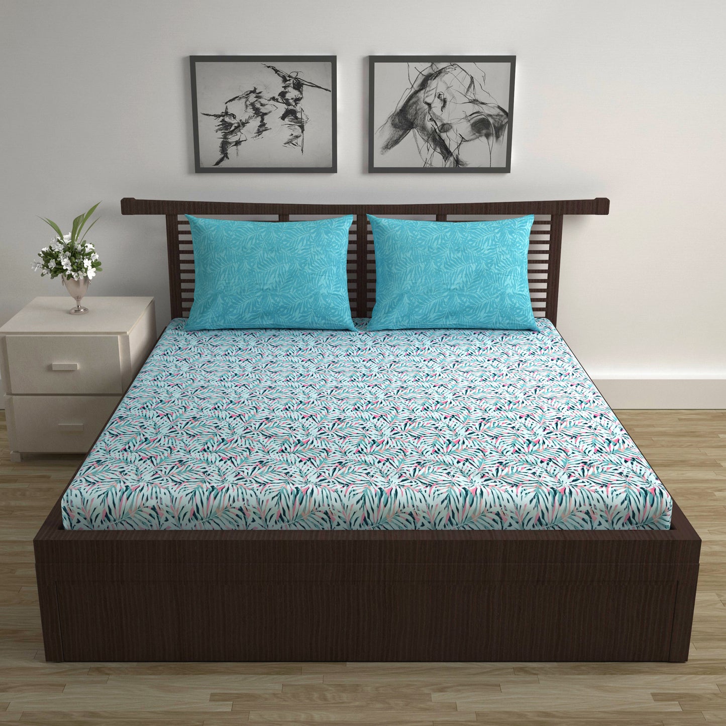 Light Blue Pink Tropical Leaf 144 TC Cotton Double Bedsheet With 2 Pillowcovers