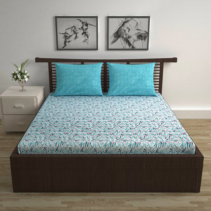Light Blue Pink Tropical Leaf 144 TC Cotton Double Bedsheet With 2 Pillowcovers