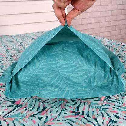 Light Blue Pink Tropical Leaf 144 TC Cotton Double Bedsheet With 2 Pillowcovers