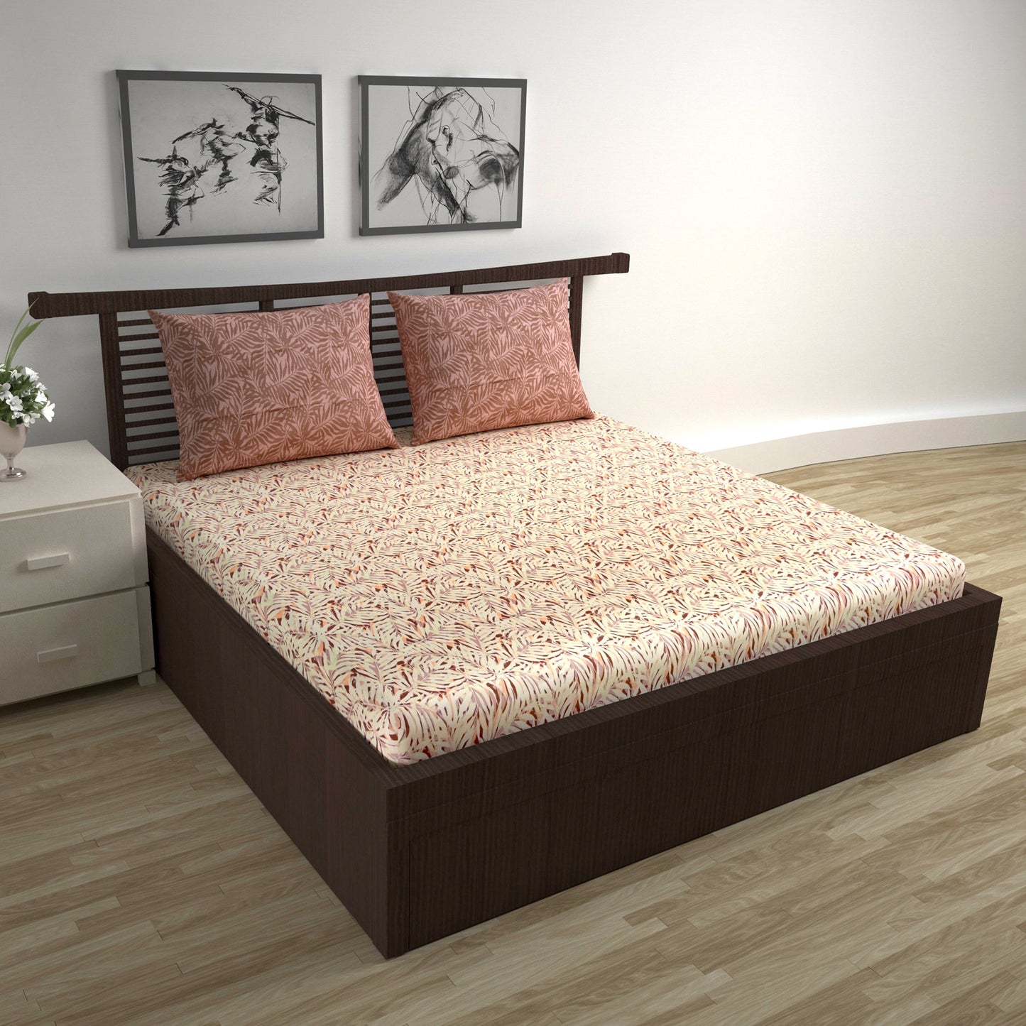 Beige & Maroon Floral Leaf 144 TC Cotton Double Bedsheet With 2 Pillowcovers