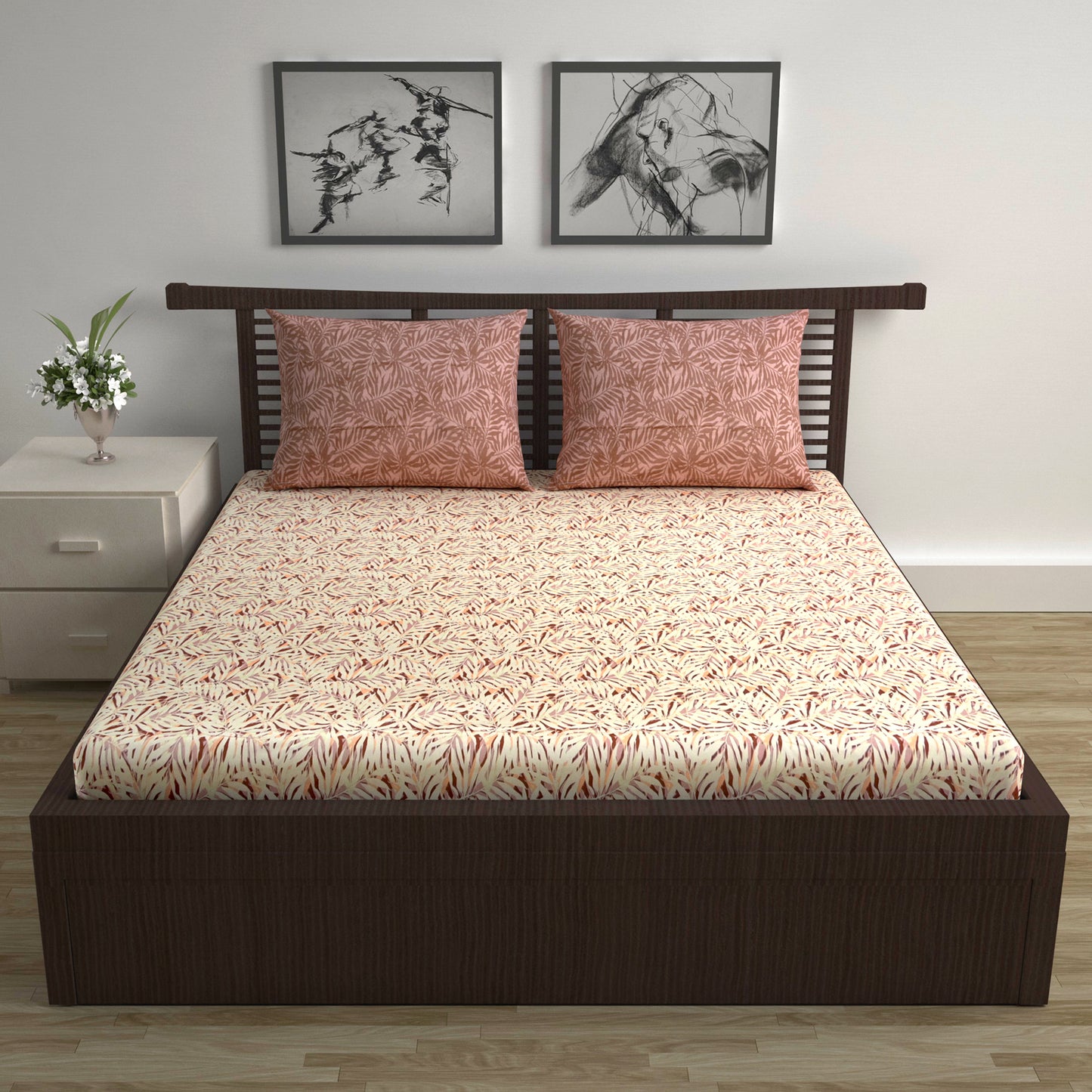 Beige & Maroon Floral Leaf 144 TC Cotton Double Bedsheet With 2 Pillowcovers