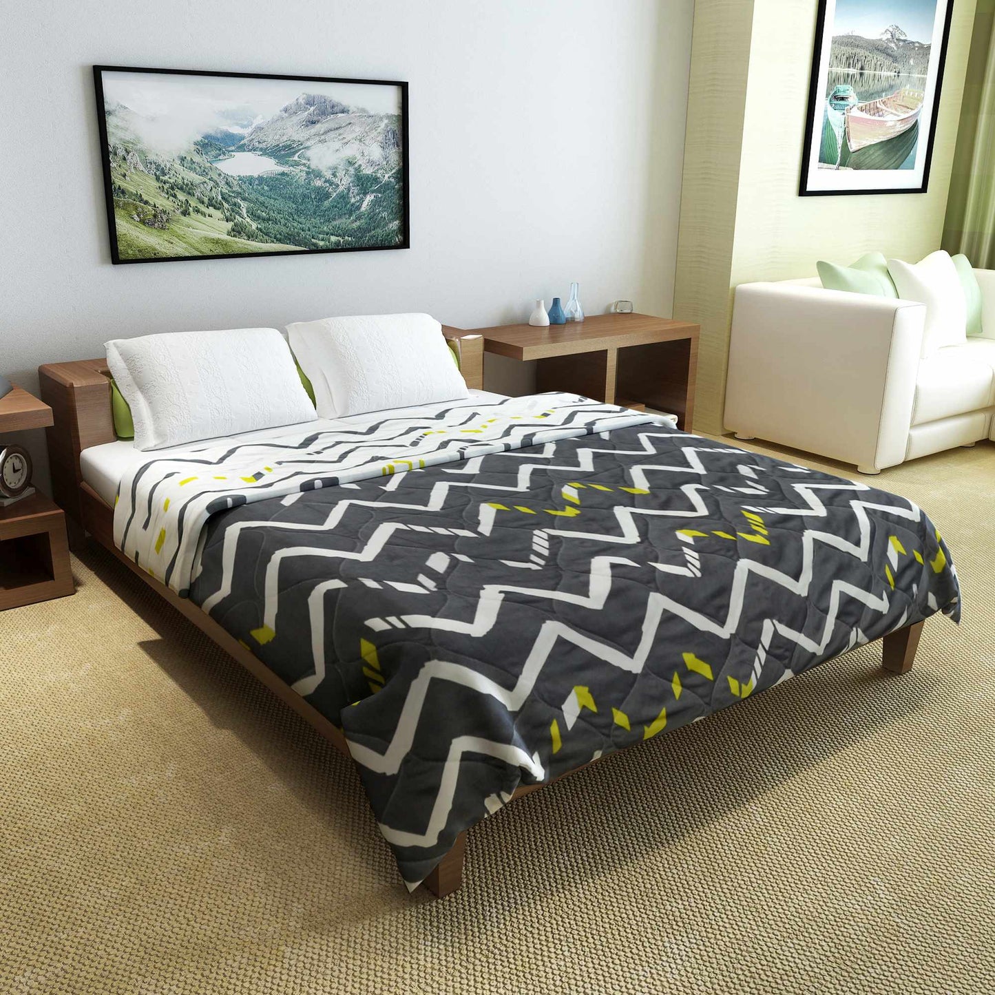 Grey Yellow And White Microfiber 150 GSM Abstract Pattern Reversible Double Bed AC Quilt Comforter